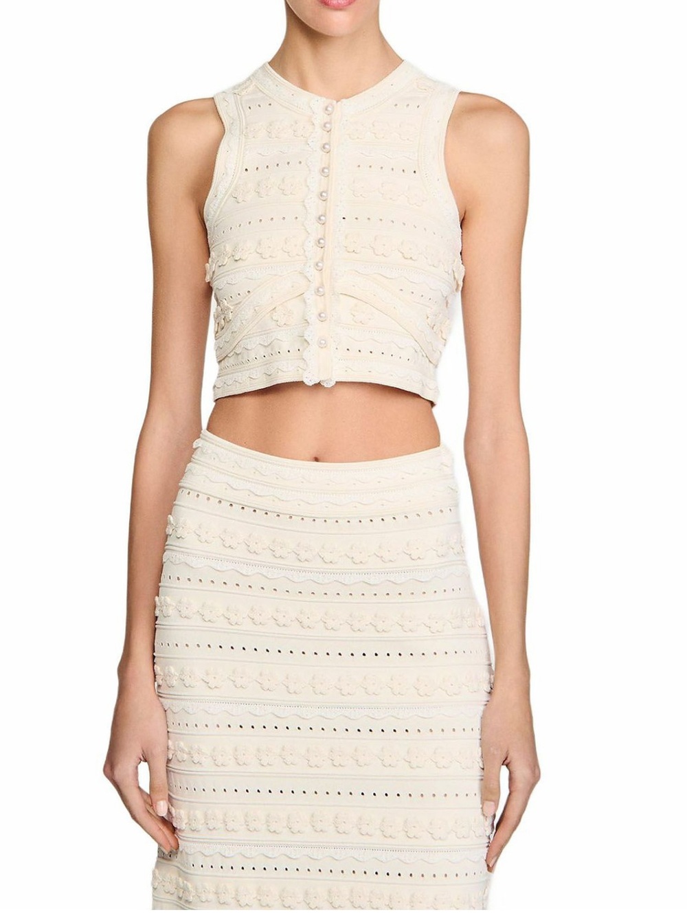 Sandro Sleeveless Cream Crochet Pearl-Button Crop Top - Picture 3 of 7